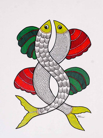 Gond Painting of Two Intertwining Fishes