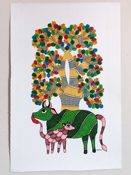 Gond Painting of a Cow & Calf under a Tree 