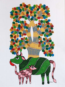 Gond Painting of a Cow & Calf under a Tree 