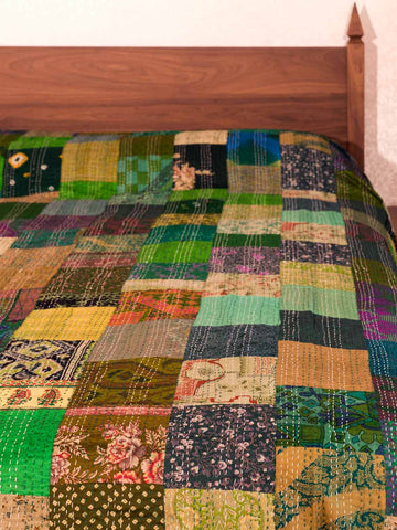 Green Silk Patchwork Indian Kantha Bedspread 