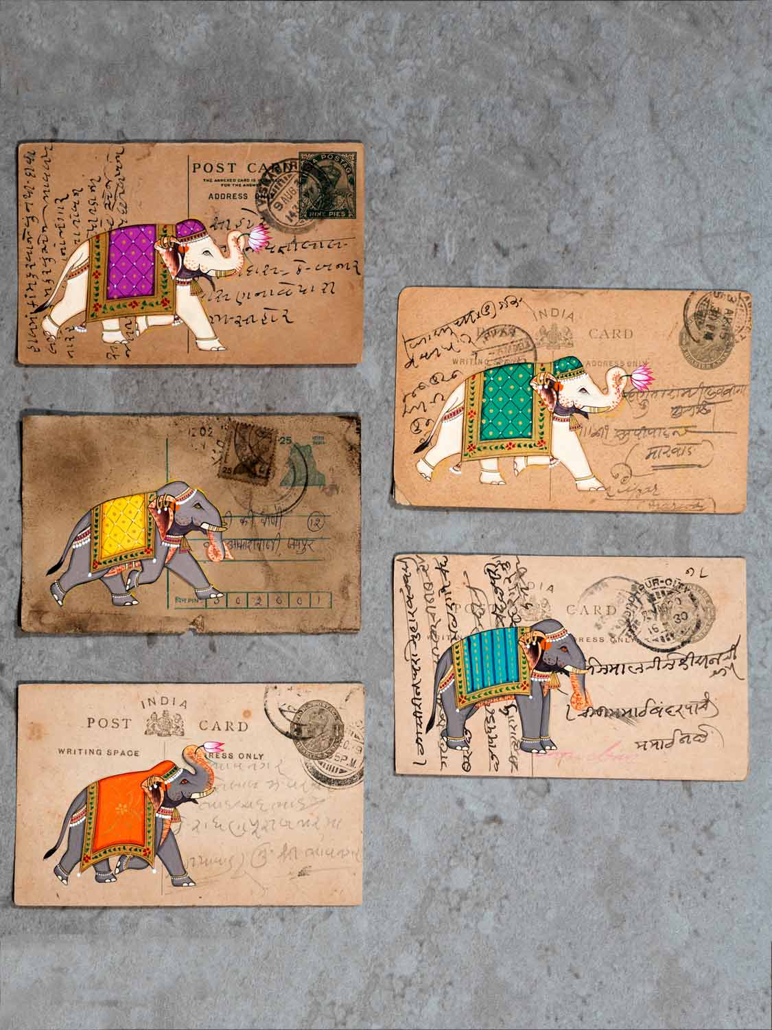 Indian Paintings of Elephants on Old Postcards