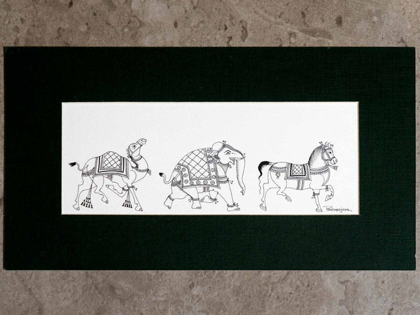 Indian Phad Drawing of an Elephant, Horse & Camel