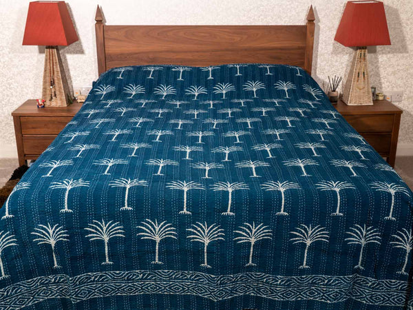 Indigo Palm Trees Indian Double Bedspread 