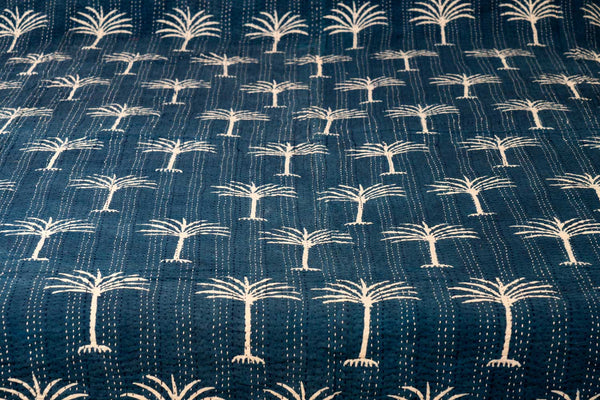 Indigo Palm Trees Indian Double Bedspread detail