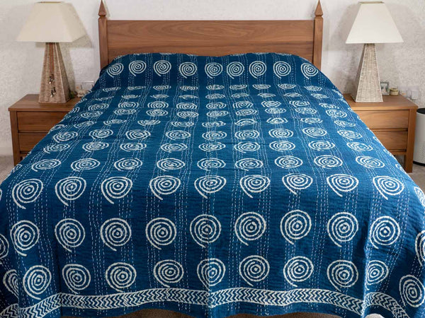 Indigo Spirals Indian Double Bedspread