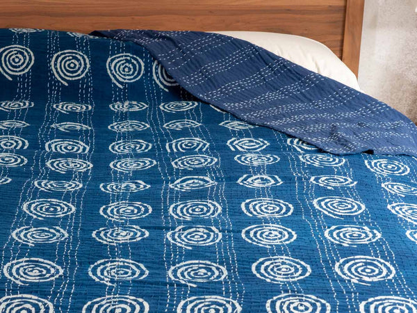 Indigo Spirals Indian Double Bedspread