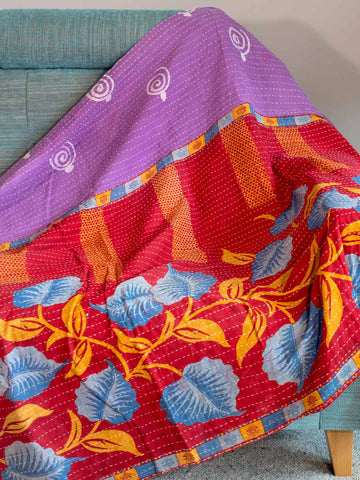 Large Blue Leaves on Red Kantha Throw 