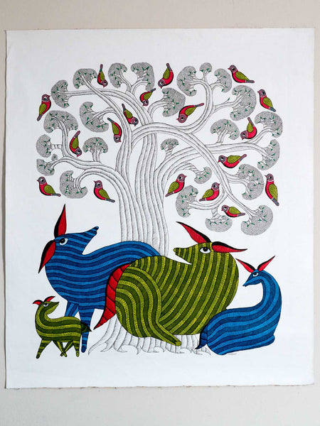 Large Gond Painting of Deer, Tree & Birds 