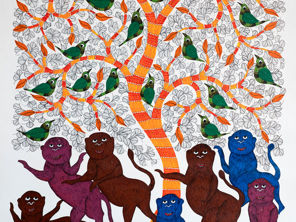 Large Gond Painting of Monkeys, Tree & Birds 