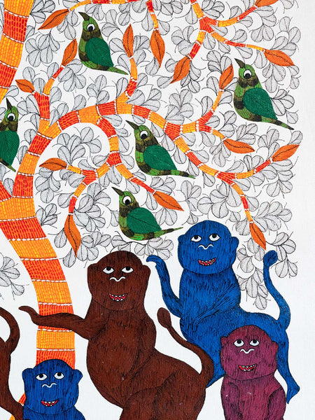 Large Gond Painting of Monkeys, Tree & Birds 