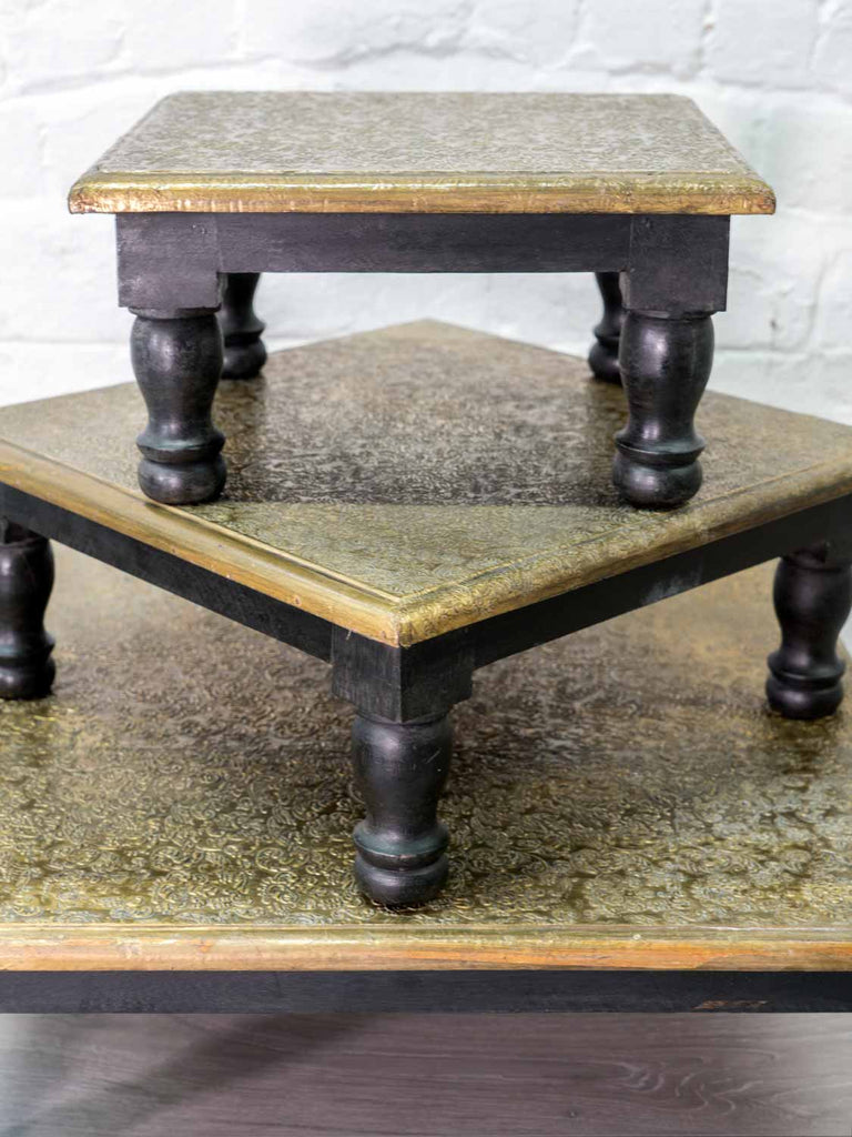 Reposse Work Low Wooden Tables with Brass Repousse Work | Silk Road Gallery