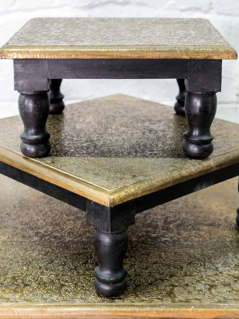 Reposse Work Low Wooden Tables with Brass Repousse Work | Silk Road Gallery