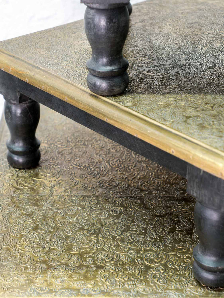 Reposse Work Low Wooden Tables with Brass Repousse Work | Silk Road Gallery