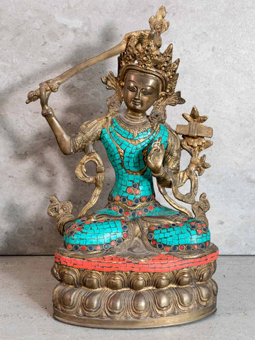 Manjushri Buddha Statue with Turquoise Inlay 