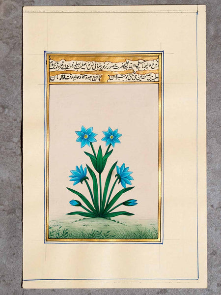 Miniature Painting of Blue Flower, Gold Border