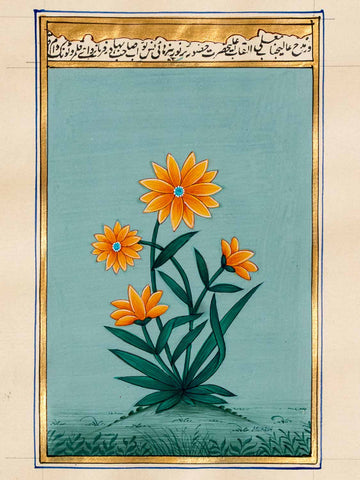 Miniature Painting of Orange Flowers, Gold Border 