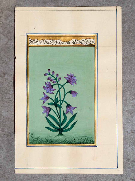 Miniature Painting of Purple Flowers, Gold Border