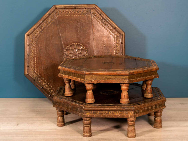 Octagonal Low Wooden Tables with Metal Decoration