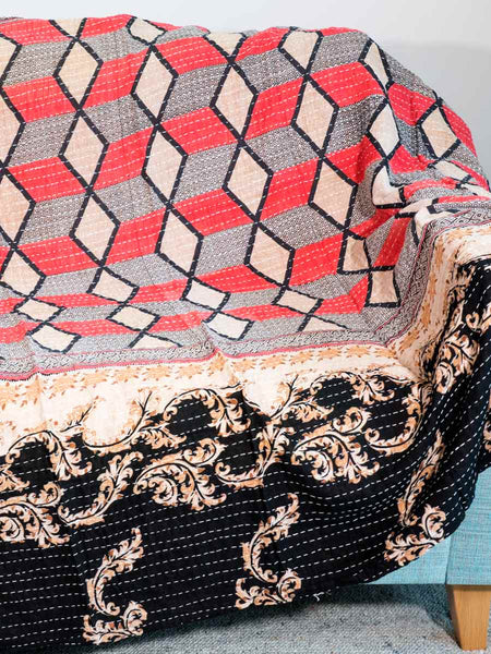 Ornate Black & Ivory Reversble Kantha Throw