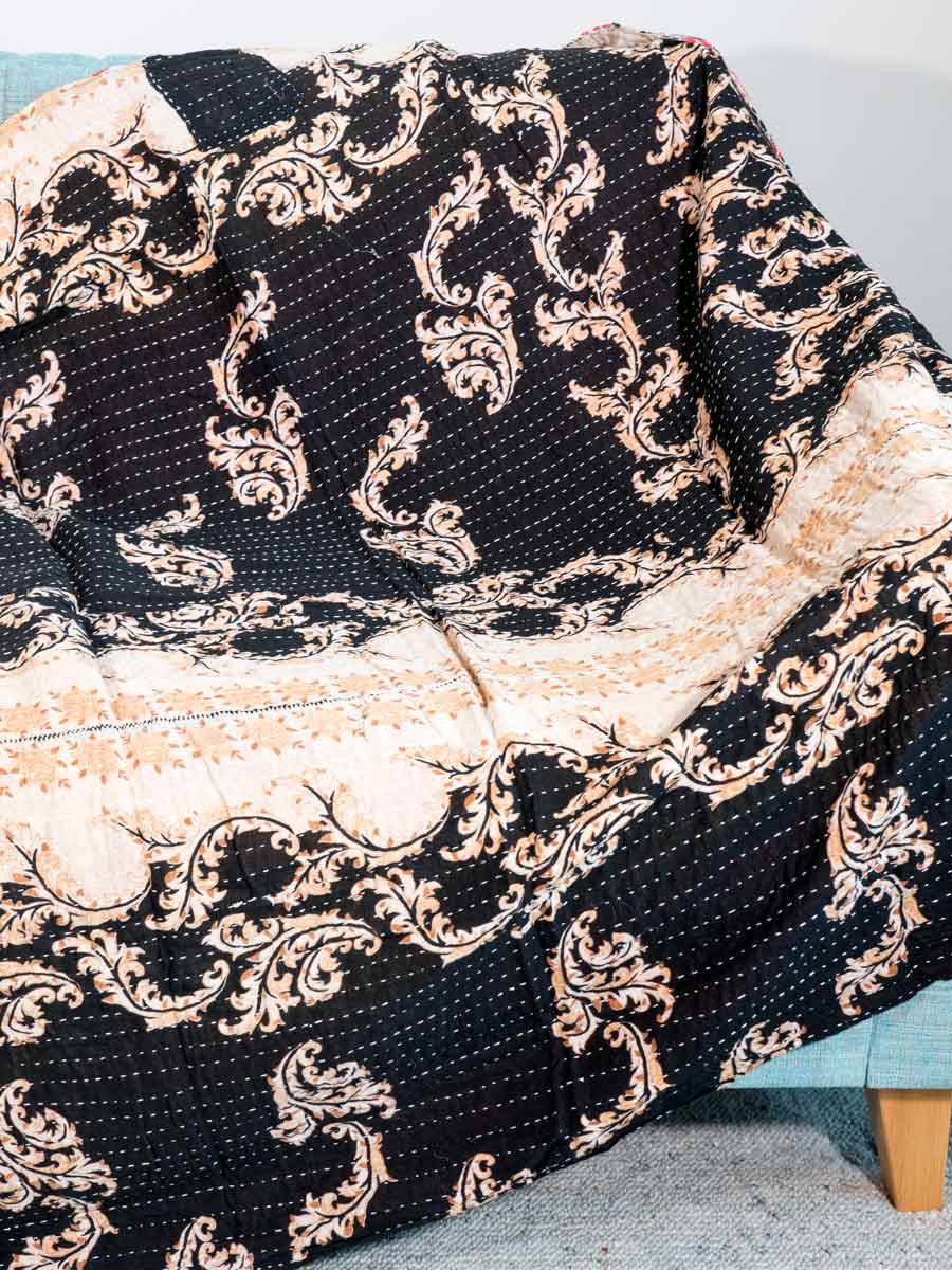 Ornate Black & Ivory Reversble Kantha Throw