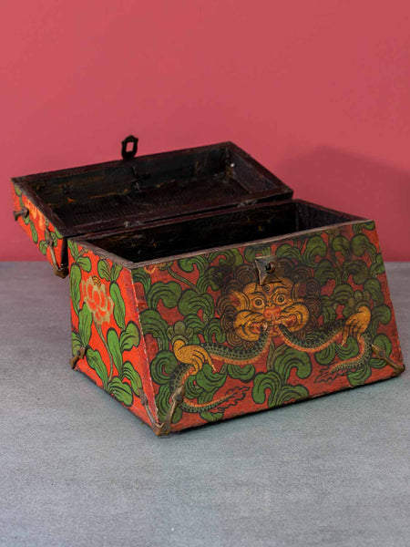 Painted Tibetan Box with Hinged Lid