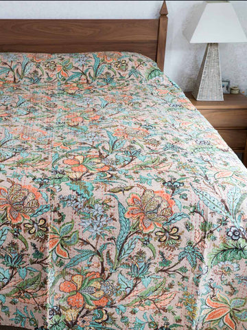 Peach & Aqua Floral Indian Bedspread
