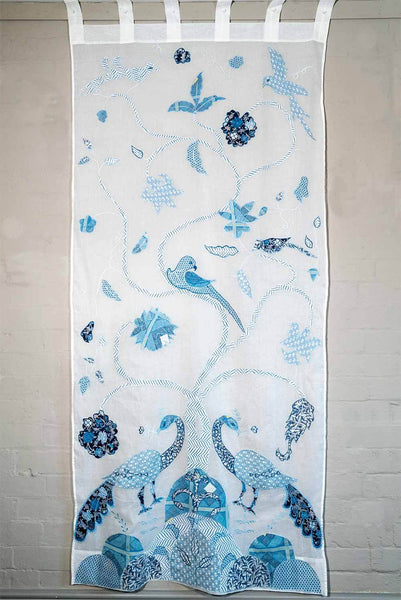 Peacock Curtains, Voile with Blue Embroidery