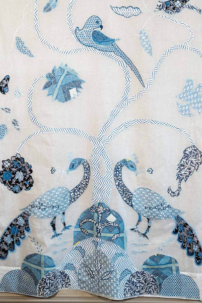 Peacock Curtains, Voile with Blue Embroidery detail