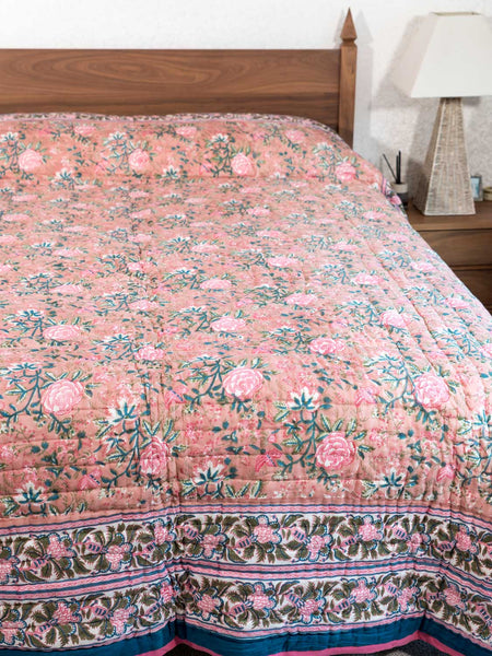 Pink Roses Reversible Soft Indian Quilt