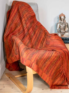 Rust Red Reversible Striped Tibetan Blanket