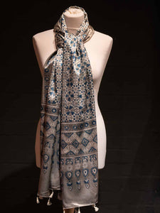 Satin Printed Scarf - Silver and Blue