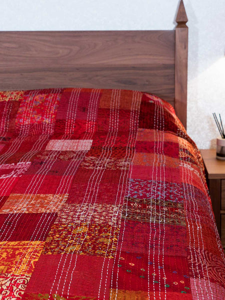 Red Silk Patchwork Indian Bedspread