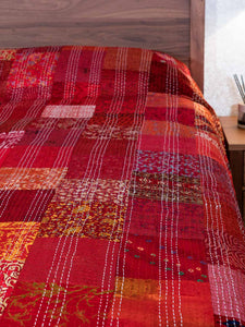 Silk Patchwork Indian Kantha Bedspread, Red