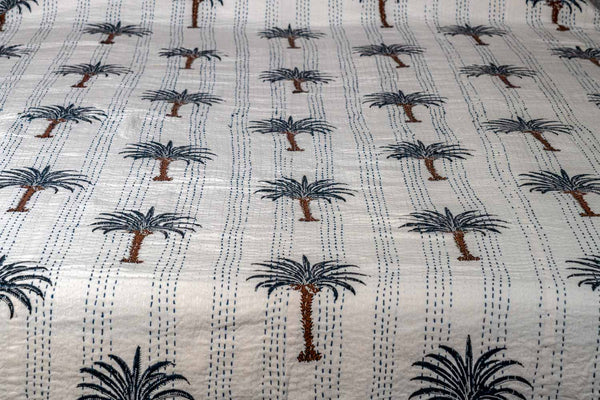 Slate Blue Palm Trees Indian Double Bedspread  detail