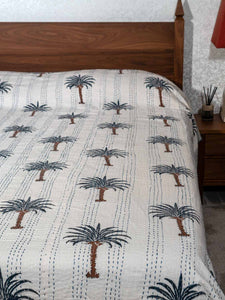 Slate Blue Palm Trees Indian Double Bedspread 