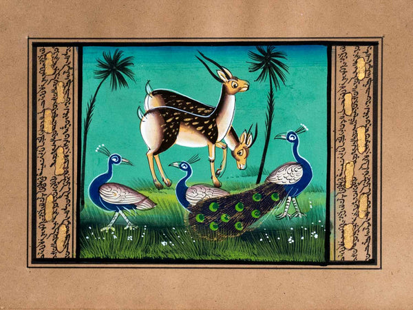 Small Indian Miniature Painting of Deer & Peacocks