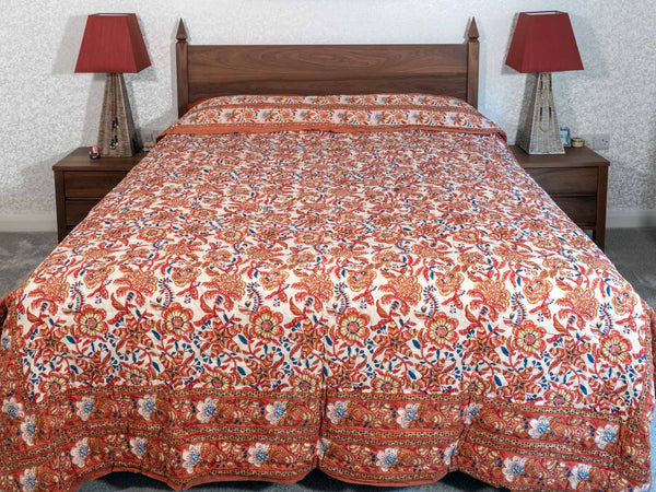 Soft Rust Floral Printed Indian Quilt Bedspread