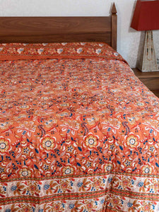 Soft Rust Floral Printed Indian Quilt Bedspread