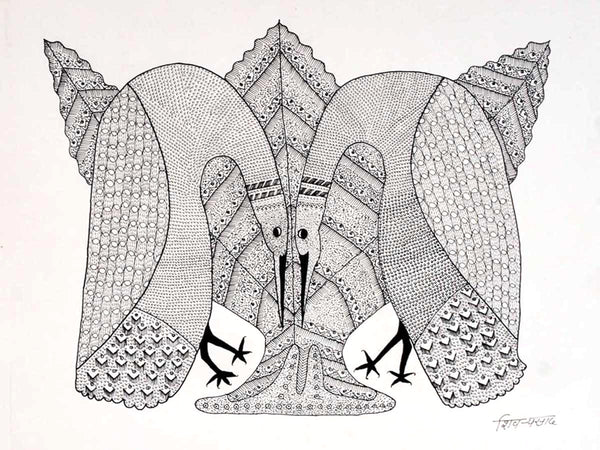 Tribal Art, Gond Drawing, Two Peacocks