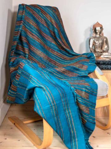 Turquoise Striped Reversible Tibetan Blanket