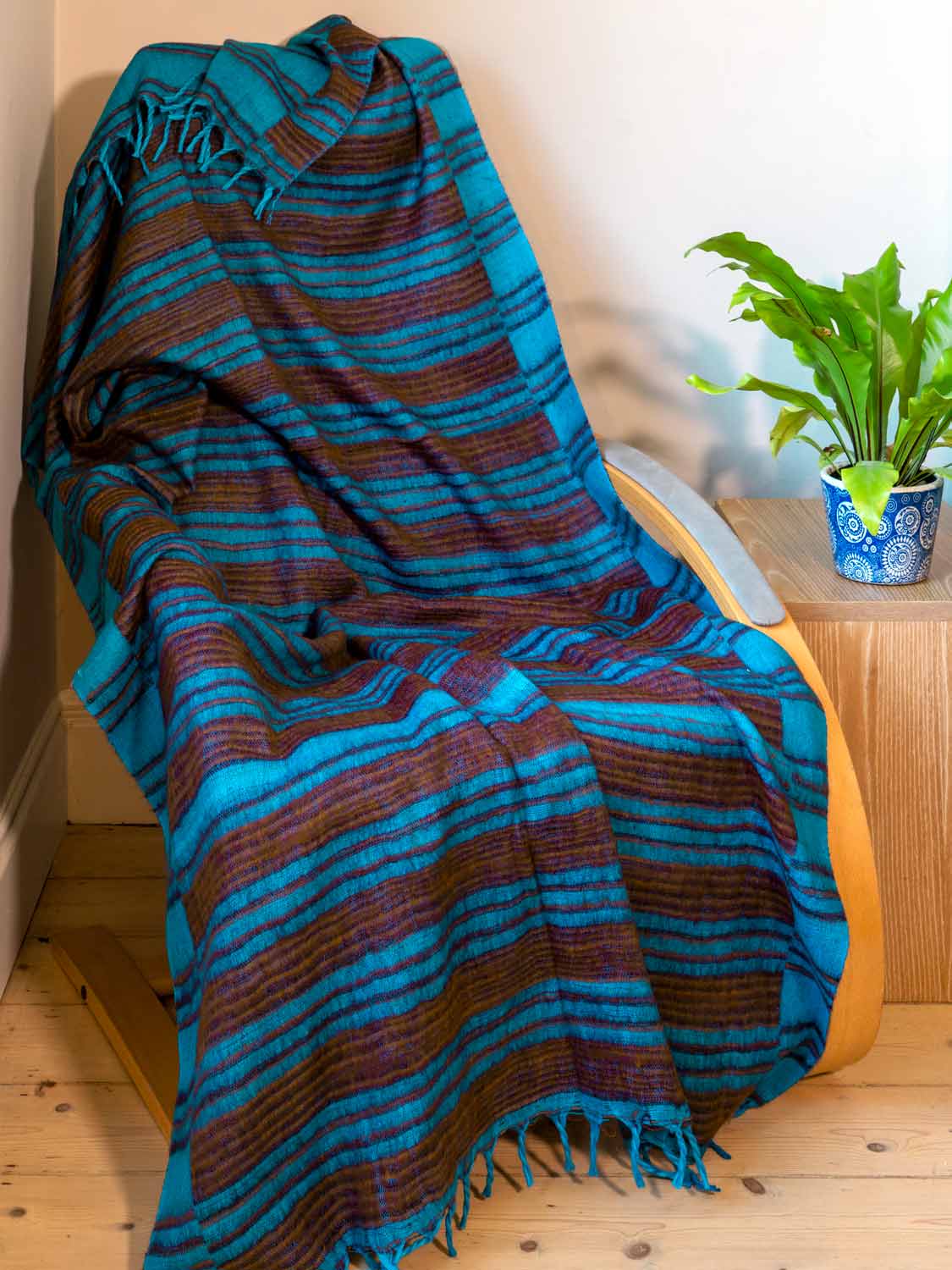 Turquoise & Rust Striped Tibetan Blanket