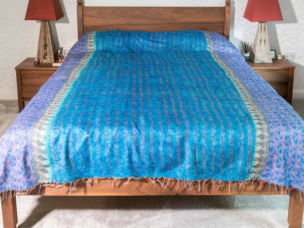 Vibrant Kingfisher Blue Silk Kantha Bedspread