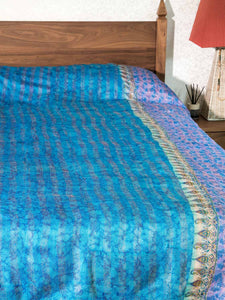 Vibrant Kingfisher Blue Silk Kantha Bedspread