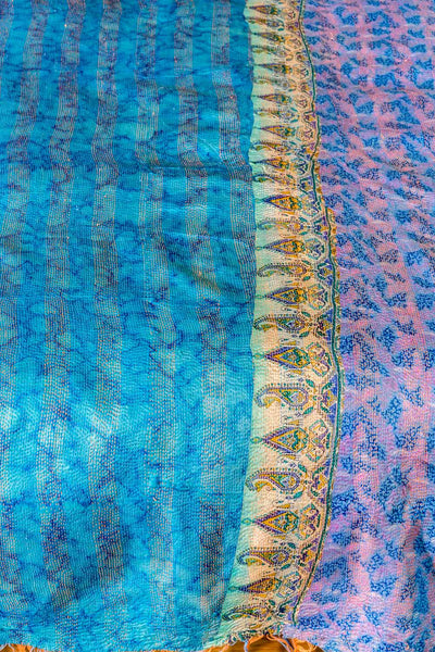 Vibrant Kingfisher Blue Silk Kantha Bedspread detail