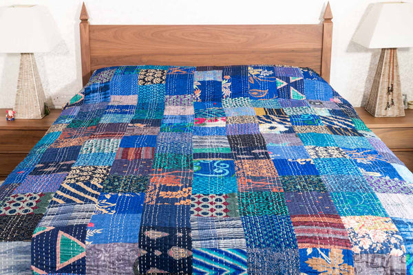 Vibrant Lapiz Stained Glass Silk Patchwork Indian Bedspread 