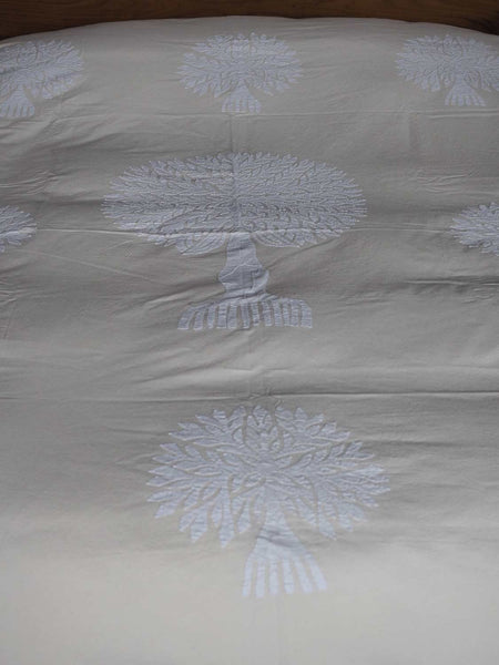 White Tree of Life Appliqued Indian Bedspread 