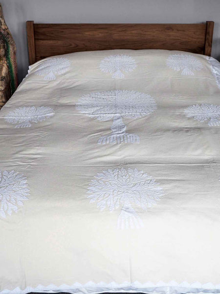 White Tree of Life Appliqued Indian Bedspread