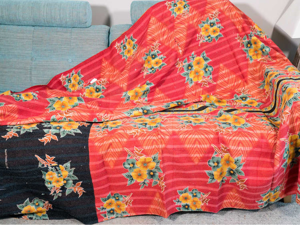 Yellow & Green Flowers on Soft Red Kantha Quilt 