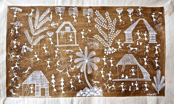 Warli Painting of Village with Palm Tree 2